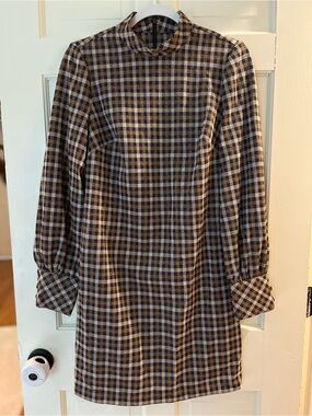 Calvin Klein Plaid Long Sleeve Shift Dress in Navy and Tan